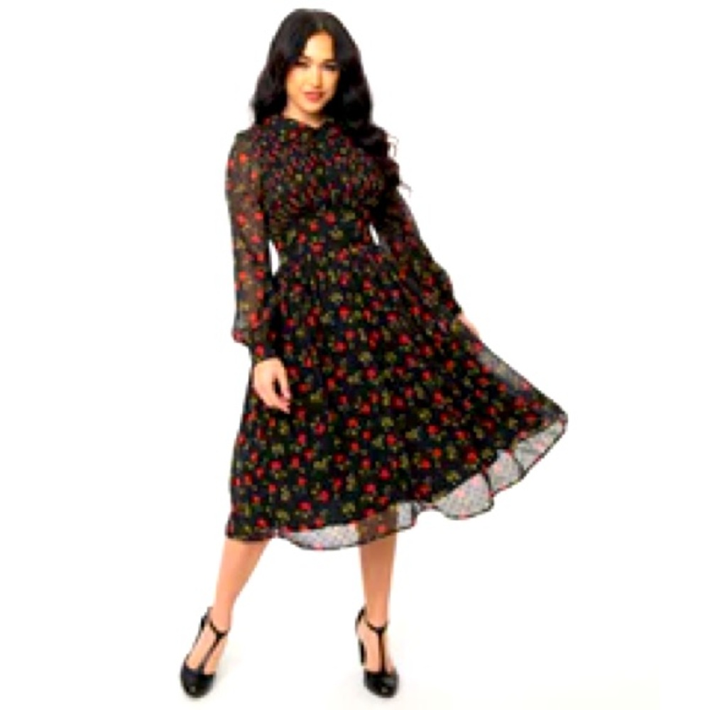 Unique Vintage Black & Red Floral Print Deirdre Shirt Dress - L/10-12